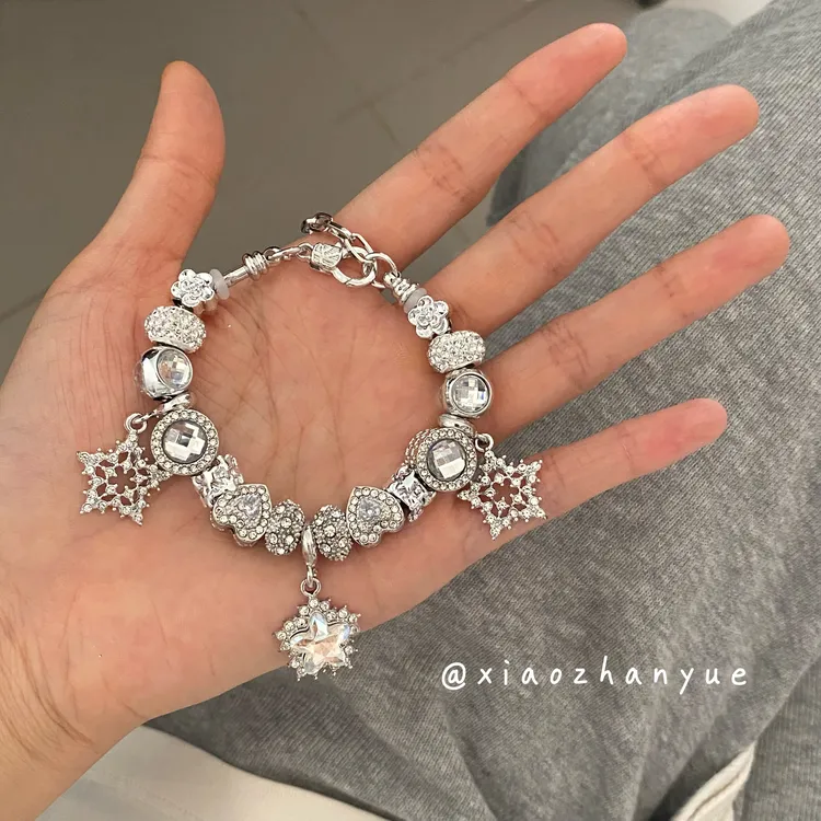 铜合金合成锆石手链 银色满贯星星吊坠手链女轻奢百搭手链 1073