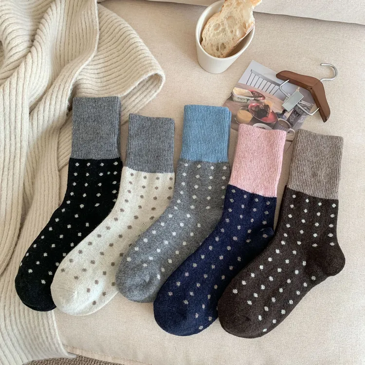 秋冬加厚保暖拼色波点袜撞色中筒女袜子日系复古长袜简约百搭潮袜