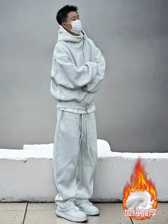 牛仔加厚休闲运动套装男宽松连帽外套卫衣卫裤两件套高级感一整套