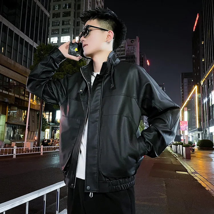 机车服PU男短款春秋季潮牌休闲痞帅外套2023新款潮流皮夹克上衣