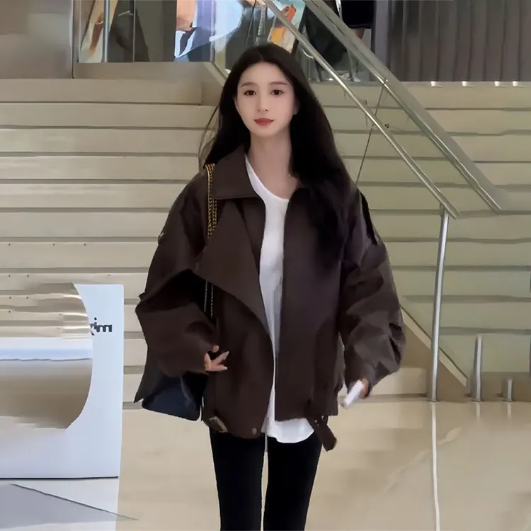 韩系通勤咖色皮衣外套新款设计感百搭休闲气质外搭上衣