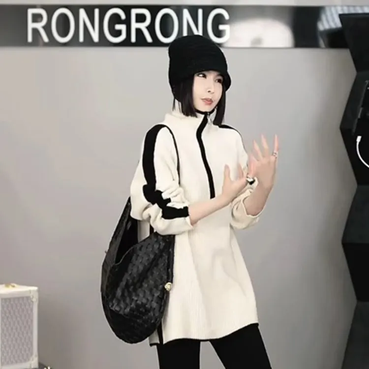 拼接撞色长袖毛衣2025秋季新款韩系宽松遮肉半拉链立领针织衫上衣