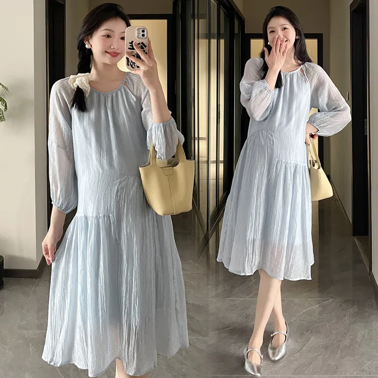 孕妇连衣裙蓝色中长款宽松超仙甜美显瘦遮肚减龄辣妈2025新款春季