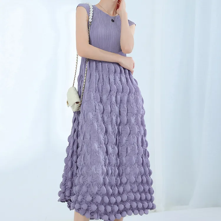 三宅2024年夏季韩版泡泡褶皱纯色无袖圆领中长款高腰连衣裙女常规