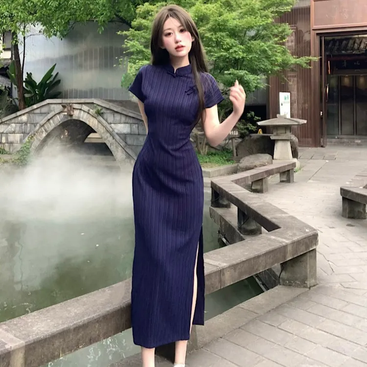 新中式女装改良旗袍长裙赫本风气质别致国风藏蓝色连衣裙子女夏季