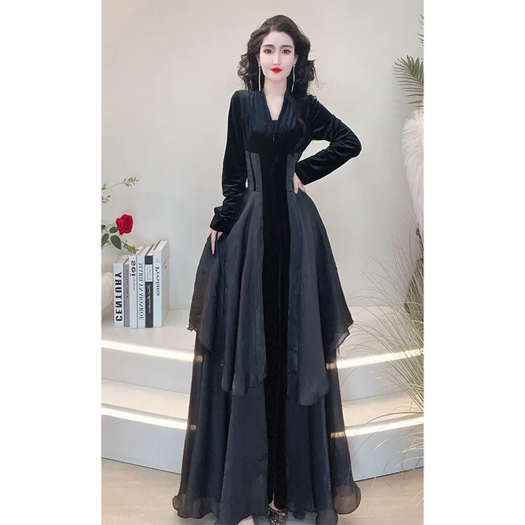 2025秋冬时尚气质显瘦法式长款黑色连衣裙赫本风高端轻奢裙885265