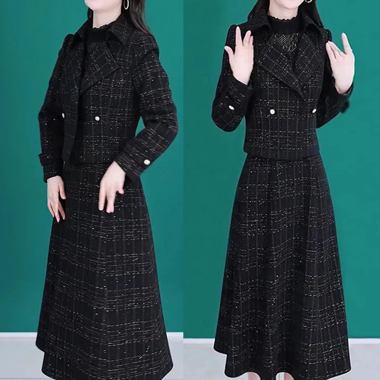 新款小香风长袖套装女秋冬气质名媛外套+洋气中长款连衣裙两件套