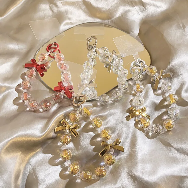 diy手工精致手机链条小清新珠珠手链通用手机壳钥匙扣蝴蝶结挂饰