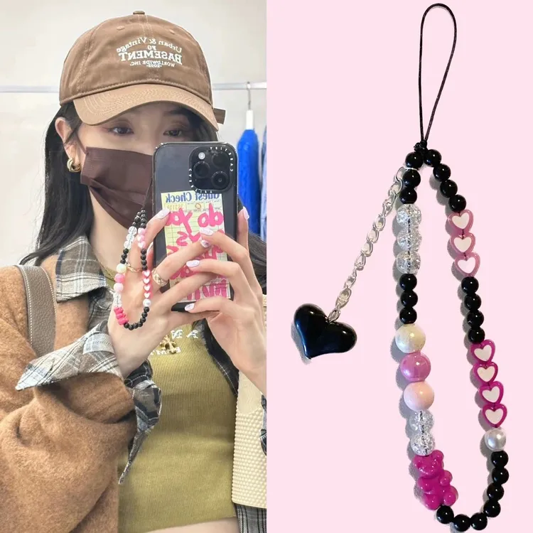 吴宣仪同款复古y2k黑粉小熊串珠手机链ccd相机链ins风明星辣妹潮