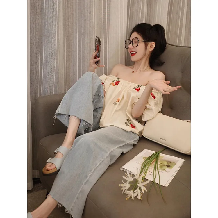 高级纯欲风性感辣妹一字领衬衫上衣女高腰直筒休闲宽松牛仔阔腿裤