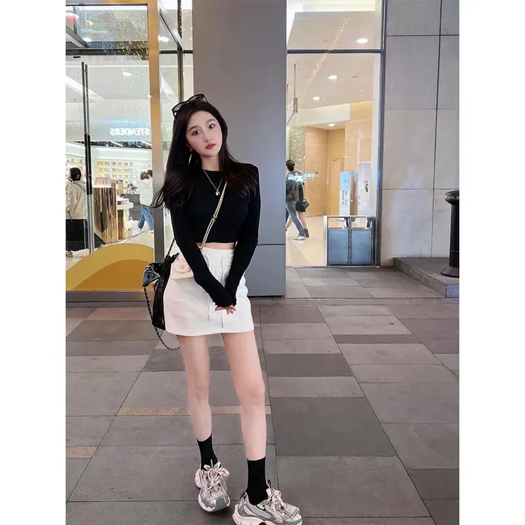 2025春季新款简约高级感气质时尚修身纯色长袖上衣高腰直筒短裙女