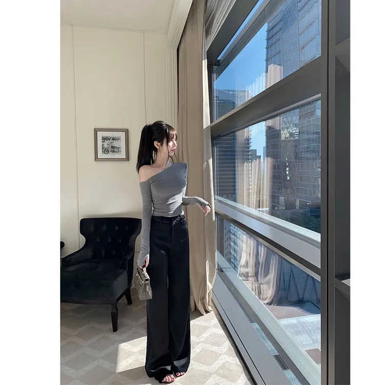 2025早秋新款简约时尚辣妹纯色斜肩长袖上衣宽松垂感显瘦休闲裤女