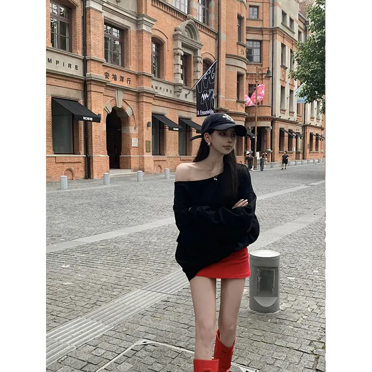 2025秋季新款时尚修身显瘦黑色百搭长袖T恤高腰直筒包臀半身裙女