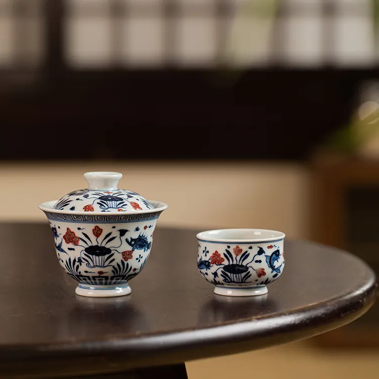 【左手言瓷】青花釉里红鱼藻纹主人杯釉下彩手绘茶杯一杯一盖套组