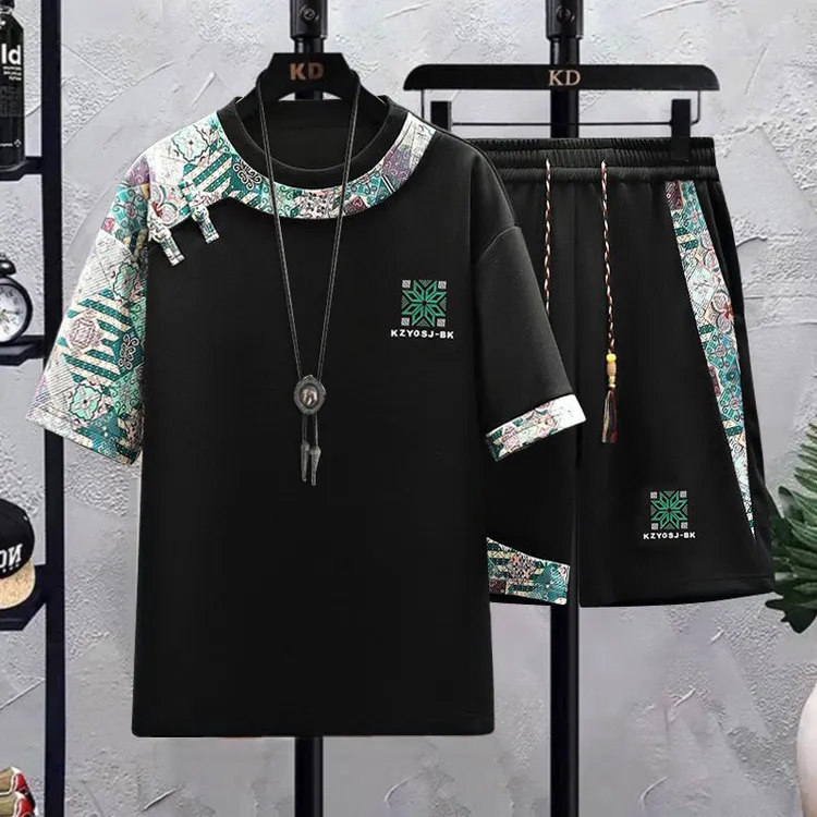 中国风夏季冰丝凉感短袖短裤套装男男士穿搭一整套新中式国潮衣服