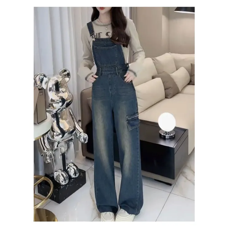 2024春季新品高腰牛仔裤女款时尚休闲背带裤宽松阔腿裤时尚长裤子