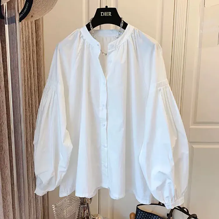 2025春秋新款法式复古褶皱设计感泡泡袖衬衫宽松显瘦娃娃衫上衣女