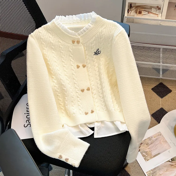 2025春秋新款立领假两件木耳边刺绣针织上衣女设计感百搭毛衣外套