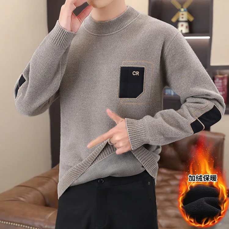 2024年爆款毛衣男宽松内搭加绒加厚青少年保暖上衣韩版休闲针织衫