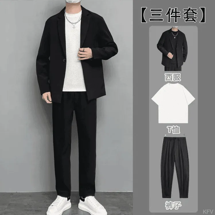 【三件套】微胖男士大码休闲西服套装韩版潮流帅气男款小西装轻熟风