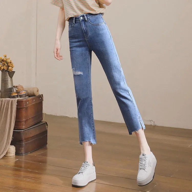 直筒九分裤女春夏薄款新款小个子破洞高腰弹力毛边开叉显瘦烟管裤