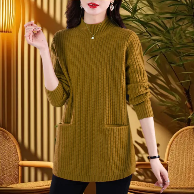 高端时尚加厚毛衣女中长款秋冬宽松洋气大码胖mm半高领针织打底衫