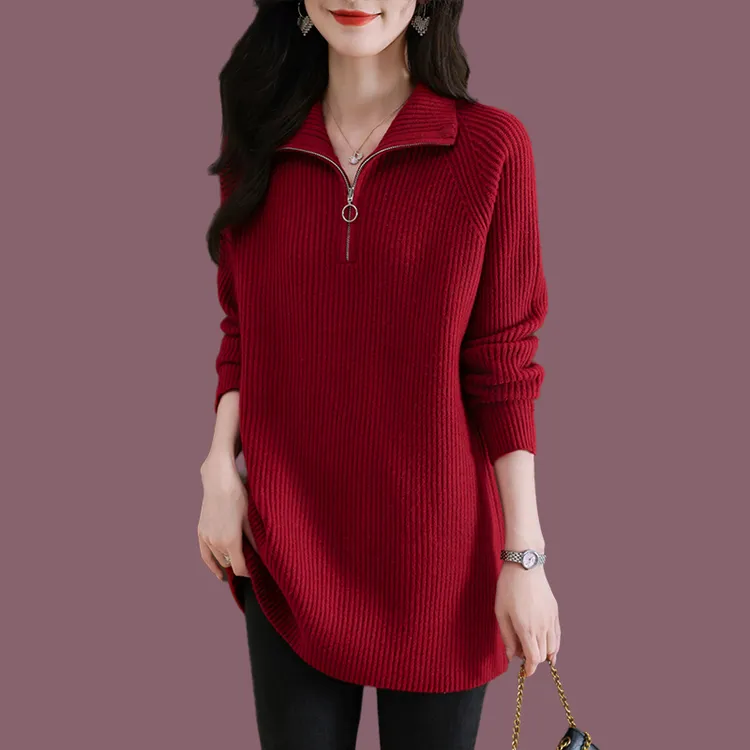高档气质翻领毛衣女中长款秋冬新款大码宽松洋气加厚针织打底衫潮
