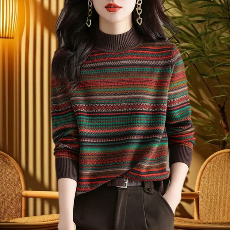 高级感复古撞色毛衣女短款春秋半高领针织打底衫宽松洋气套头上衣