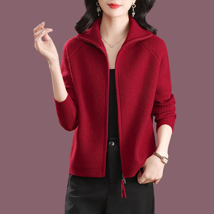 高端气质翻领拉链毛衣女短外套秋冬加厚时尚休闲针织开衫外搭披肩