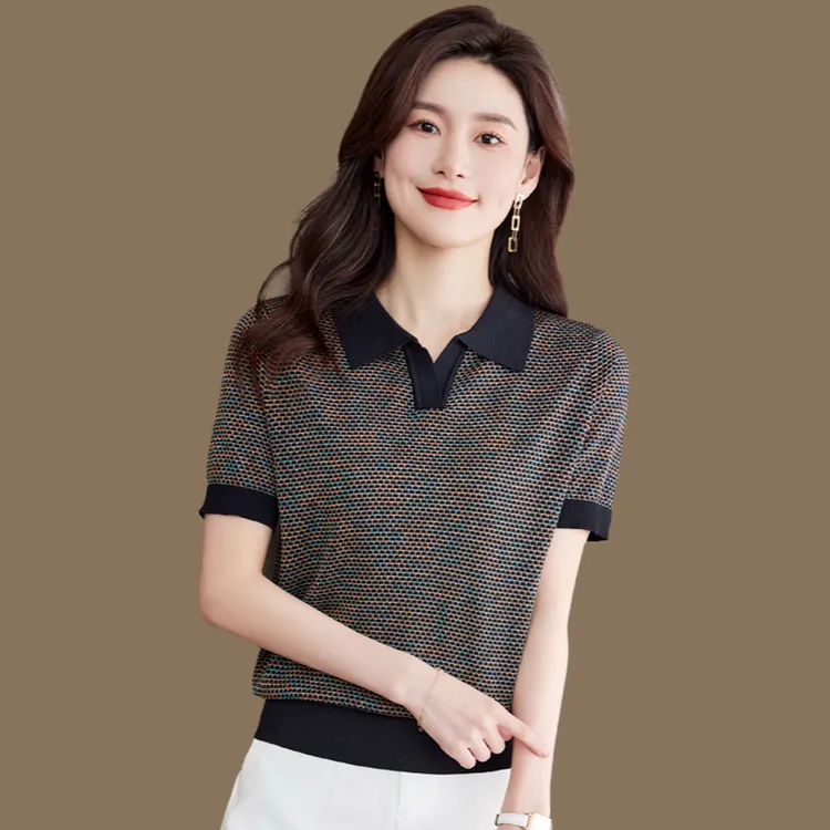 高端翻领冰丝针织衫短袖上衣女短款polo衫夏季薄款气质显瘦T恤潮