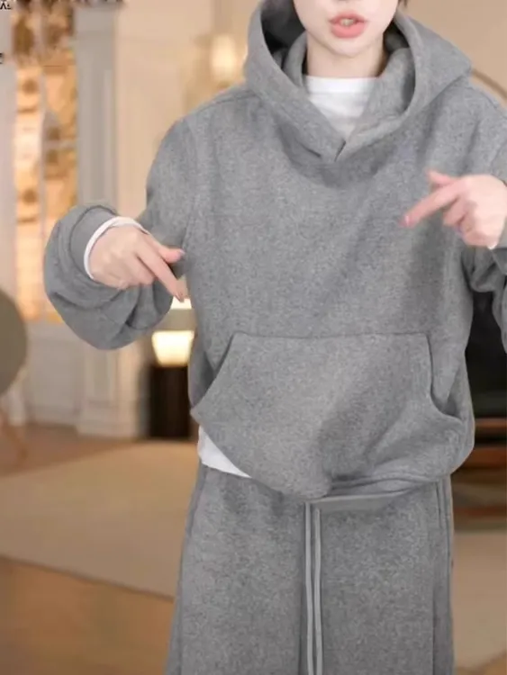 慵懒风灰色加绒连帽卫衣女2024冬季新款爆款洋气短款长袖外套上衣