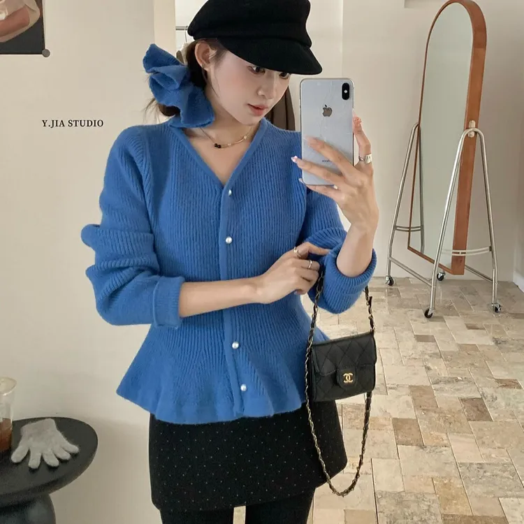 薄款长袖显瘦克莱因蓝色百搭针织外套毛衣设计感开衫女2024秋冬