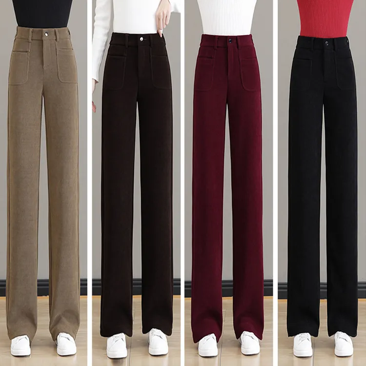 加厚女士2025秋冬新款高腰显瘦条绒休闲裤宽松加绒垂感窄版直筒裤