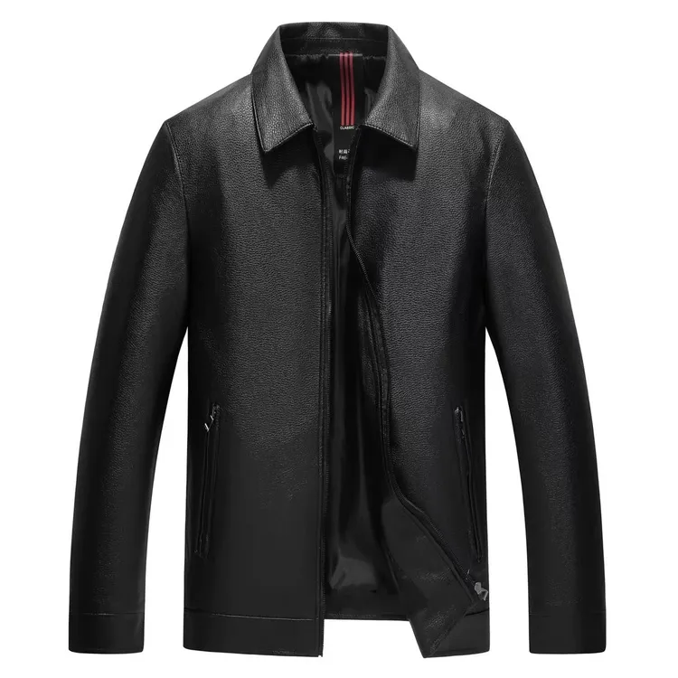 COSYKOEY男士翻领商务时尚加厚成年春秋人造皮衣黑色保暖修身休闲