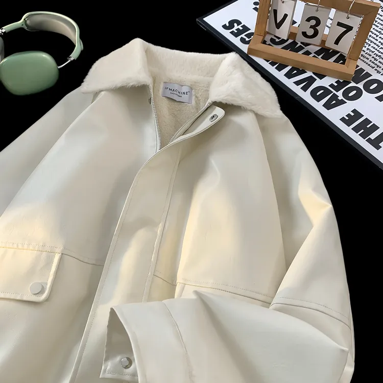 加绒加厚保暖不臃肿情侣皮衣外套秋冬季棉衣vintage美式潮夹克男