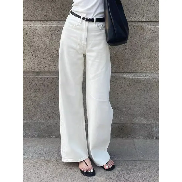 Nana 2025新款垂感牛仔裤纯白色高腰宽松百搭设计感直筒微阔裤女i