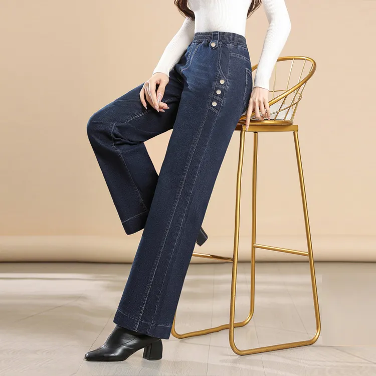 爆款加绒阔腿牛仔裤女宽松秋冬新款松紧腰直筒裤高腰中年妈妈裤子