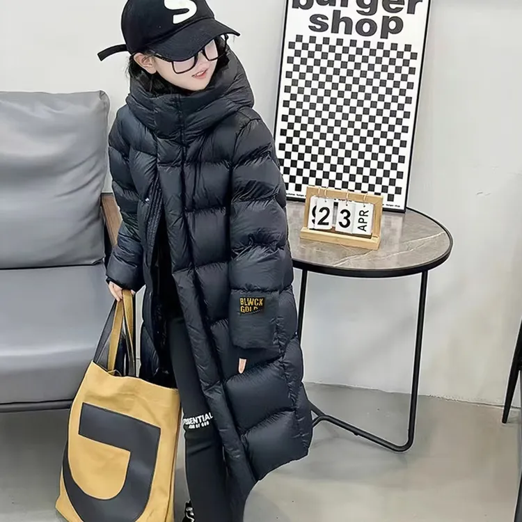 儿童羽绒服保暖鸭绒黑金内里加长款中大童女童连帽男童黑色秋冬季