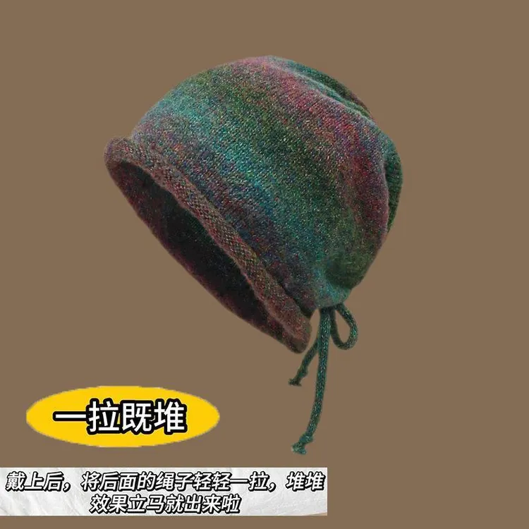 日系复古彩色渐变针织毛线帽女秋冬保暖时尚渔夫帽子显脸小盆帽潮