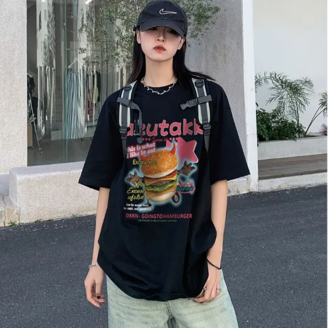 高端透气宽松学生t恤小众印花甜美休闲百搭夏季字母常规圆领美式