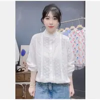 花边立领纯棉提花长袖衬衫女宽松显瘦春秋新款甜美减龄打底衬衣