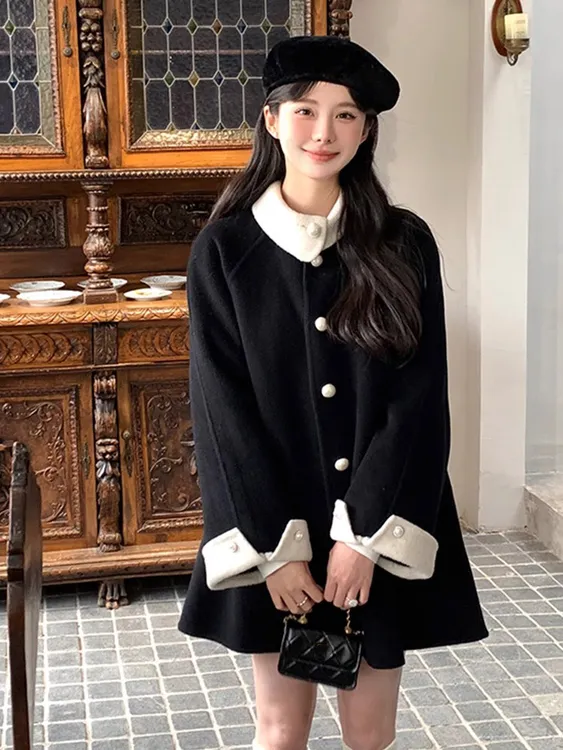 高级感超好看外套女冬季加厚小香风黑色毛呢大衣富家千金过年战袍