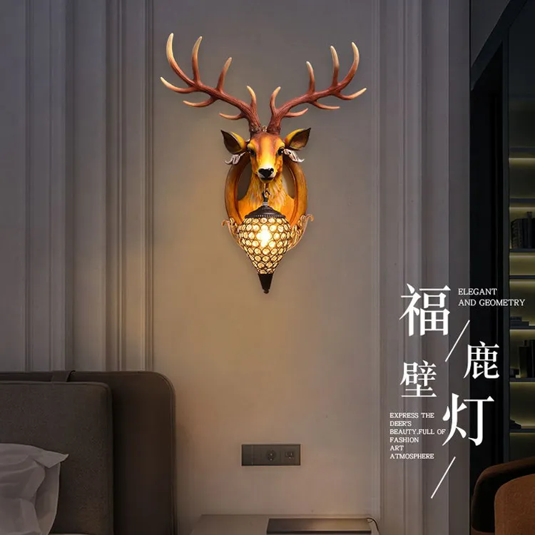 鹿头壁灯欧式美式客厅背景墙壁挂灯楼梯玄关餐厅鹿角灯动物墙壁灯