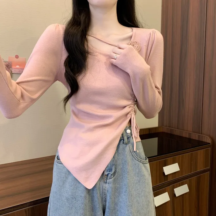 小众不规则修身短款上衣女早秋内搭打底针织衫毛衣显瘦设计感