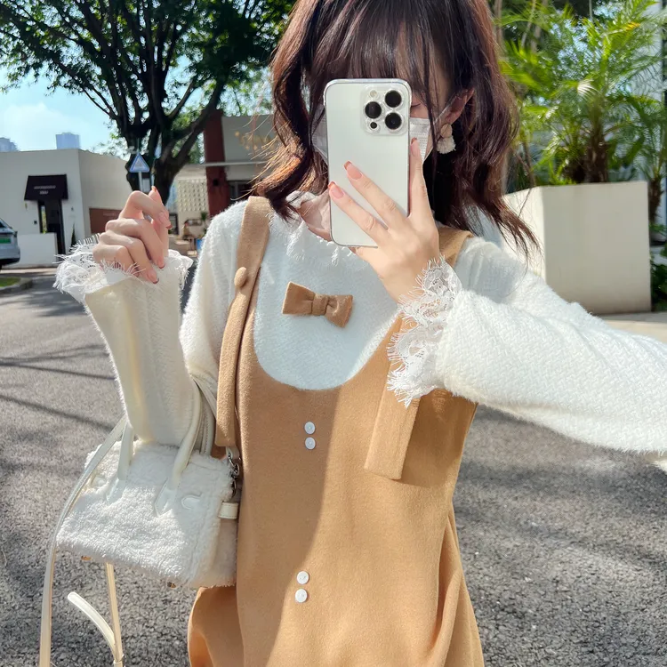 花崎鹿原创连衣裙针织秋冬减龄假两件长袖毛呢显瘦秋日密语
