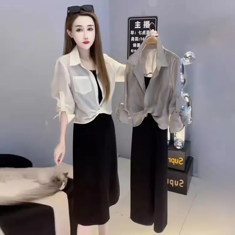 韩版小个子时尚爆款套装女夏季新款长袖防晒开衫吊带连衣裙两件套
