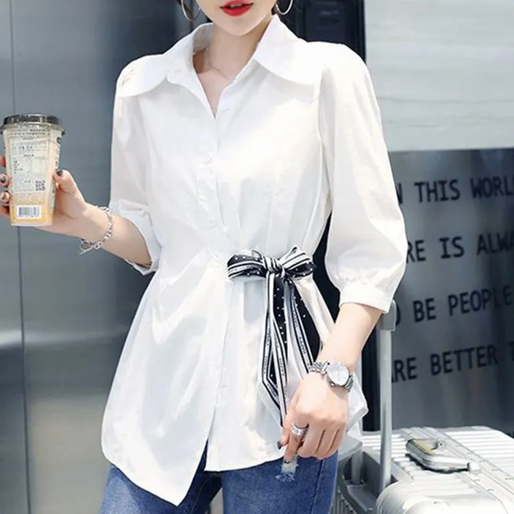 2025春秋季新款七分袖衬衫女洋气早秋大码胖mm遮肚藏肉收腰上衣女