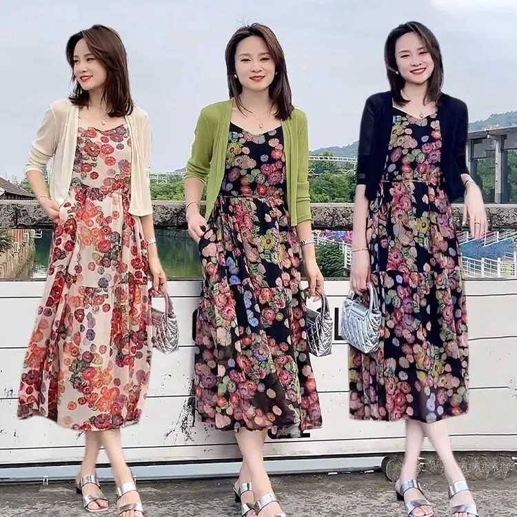 洋气减龄两件套女夏2025新款碎花吊带连衣裙针织开衫外搭时尚套装