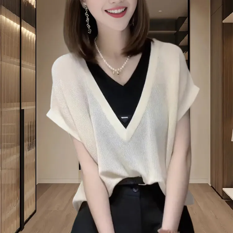 夏季冰丝短袖t恤女2025新款爆款宽松大码胖mm遮肚子假两件V领上衣