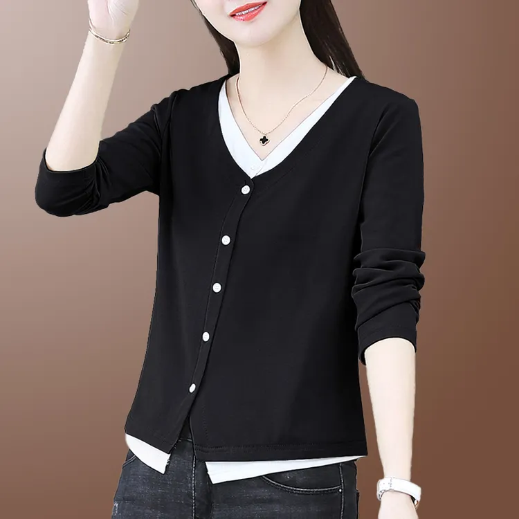 假两件上衣长袖t恤女士V领2025新款春秋韩版洋气减龄小个子打底衫